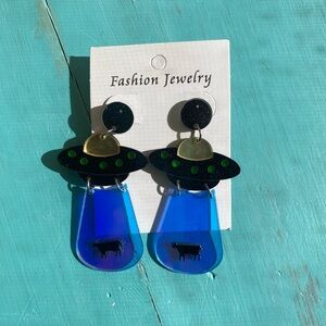 UFO Cow Abduction Earrings - Blue and Gold